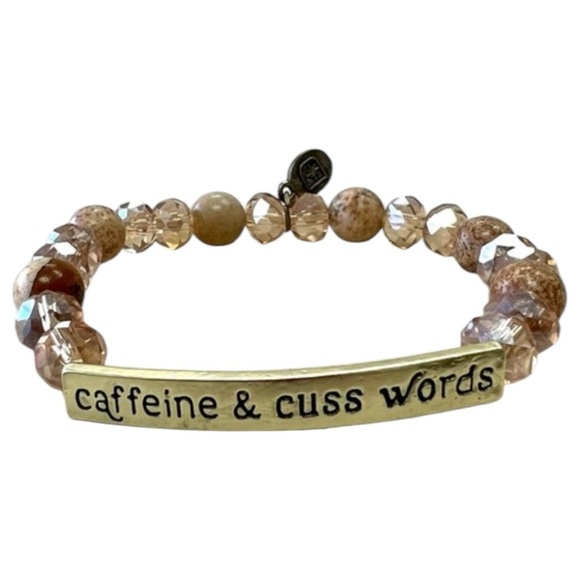 Caffeine And Cuss Words Stretch Beaded Natural Stone Boho Funny Sassy Bracelet - Picture 1 of 1